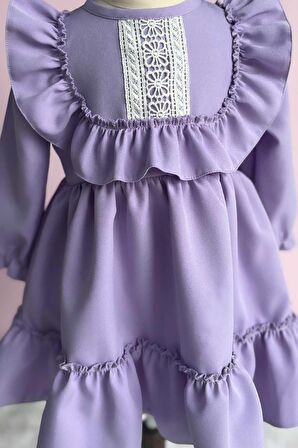 Dantel Detaylı Fırfırlı Lila Kız Çocuk Bebek Elbise