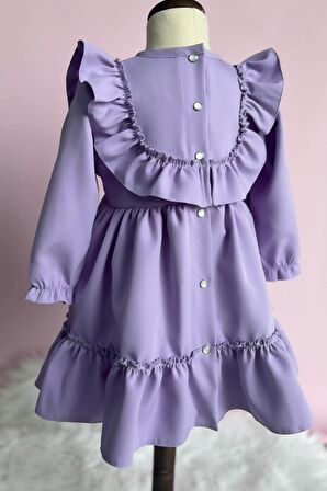 Dantel Detaylı Fırfırlı Lila Kız Çocuk Bebek Elbise