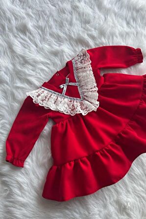 Kırmızı Dantel Ve Kurdele Detaylı Abiye Kız Çocuk Bebek Bayram Doğum Günü Elbise