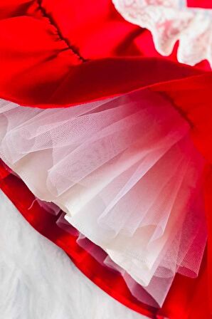 Kırmızı Dantel Ve Kurdele Detaylı Abiye Kız Çocuk Bebek Bayram Doğum Günü Elbise