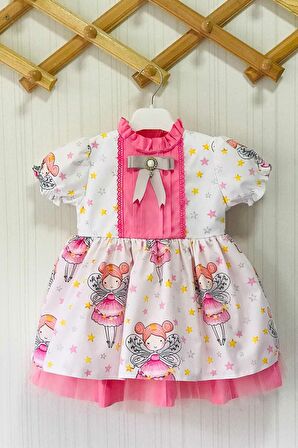Broş Detaylı Perili Kız Çocuk Bebek Tasarım Pembe Doğum Günü Elbise
