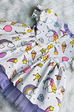 Unicorn Desenli Tül Etek Astarlı Lila Kız Çocuk Bebek Tasarım Elbise