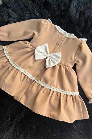 Dantel ve Düğme Detaylı Özel Tasarım Camel Kahve Abiye Kız Çocuk Bebek Elbise