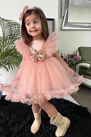 Pul Payet Süslemeli Kabarık Tül Etek Tütü Kız Çocuk Bebek Abiye Elbise