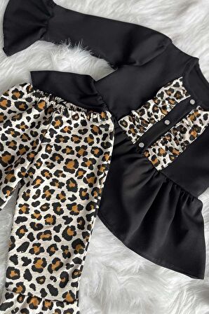 Siyah Leopar Kız Çocuk Bebek Alt Üst Takım