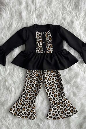 Siyah Leopar Kız Çocuk Bebek Alt Üst Takım