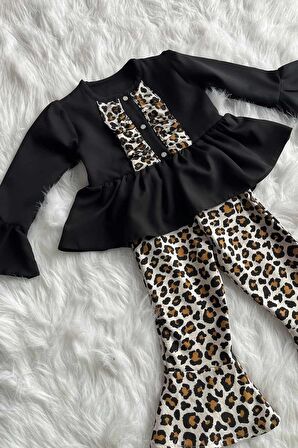 Siyah Leopar Kız Çocuk Bebek Alt Üst Takım