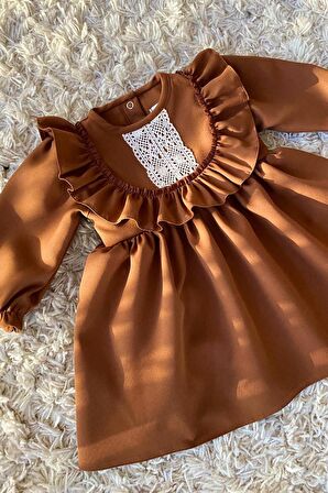 Fırfır Ve Dantel Detaylı Vintage Krep Tasarım Kız Çocuk Bebek Kahverengi Elbise