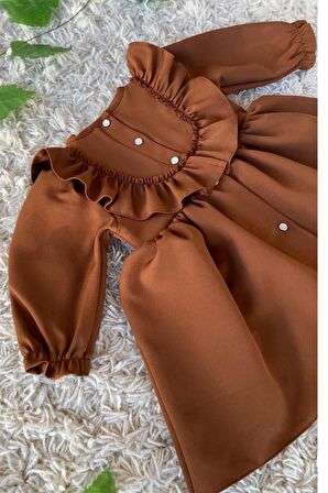 Fırfır Ve Dantel Detaylı Vintage Krep Tasarım Kız Çocuk Bebek Kahverengi Elbise