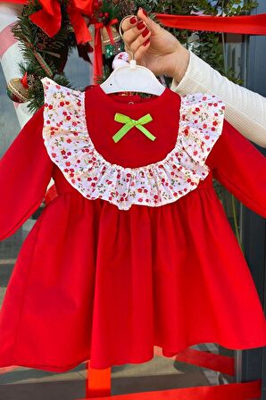 Çiçekli Fırfır ve Kurdele Detaylı Cici Kız Çocuk Bebek Bayram Doğum Günü Kırmızı Elbise