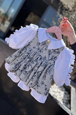 Büzgü Kol Broş Detaylı Gri Triko Pamuk Kız Çocuk Bebek Elbise