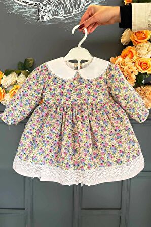 Rokoko Çiçek Desenli Kız Çocuk Bebek Dantelli Renkli Pamuk Elbise