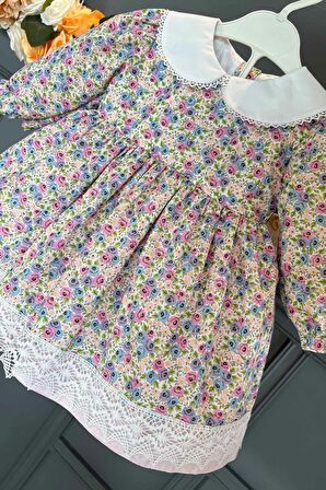 Rokoko Çiçek Desenli Kız Çocuk Bebek Dantelli Renkli Pamuk Elbise