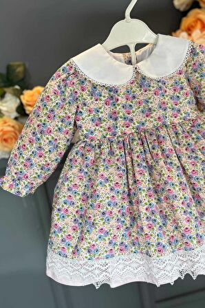 Rokoko Çiçek Desenli Kız Çocuk Bebek Dantelli Renkli Pamuk Elbise