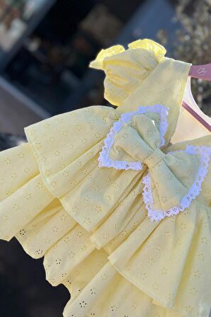 Dantel ve Büzgü Süslemeli Kız Çocuk Bebek Fisto Pamuk Abiye Sarı Doğum Günü Elbise