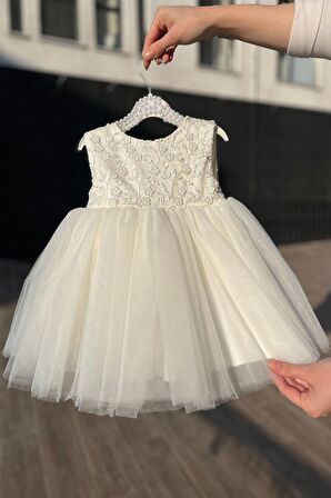 Güpür Çiçekli Hayal Tül Etekli Kırık Beyaz Özel Tasarım Kız Çocuk Bebek Gelinlik Mevlüt Abiye Lara Elbise
