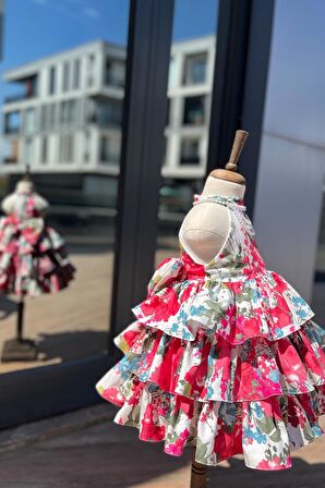 Kat Kat Etek İnci Süslemeli Krep Lotus Abiye Kız Çocuk Bebek Renkli Elbise