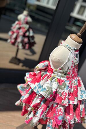 Kat Kat Etek İnci Süslemeli Krep Lotus Abiye Kız Çocuk Bebek Renkli Elbise