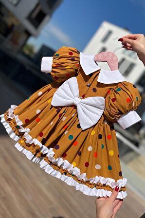 Fırfır Etek ve Broş Detaylı Kurabiye Cookie Kız Çocuk Bebek Pamuklu Elbise