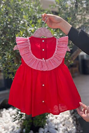 Çizgili Fırfırlı Kız Çocuk Bebek Kırmızı Kolsuz Pamuk Elbise
