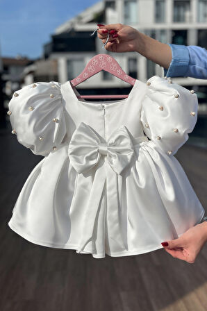 Balon İnci Kol Kız Çocuk Bebek Saten Kırık Beyaz Abiye Gelinlik Elbise