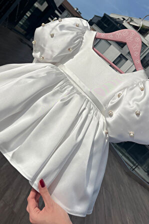 Balon İnci Kol Kız Çocuk Bebek Saten Kırık Beyaz Abiye Gelinlik Elbise