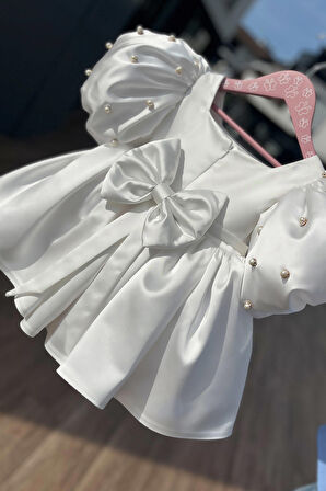 Balon İnci Kol Kız Çocuk Bebek Saten Kırık Beyaz Abiye Gelinlik Elbise