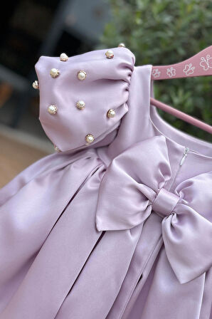 Balon İnci Kol Kız Çocuk Bebek Saten Lila Abiye Gelinlik Elbise