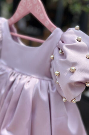 Balon İnci Kol Kız Çocuk Bebek Saten Lila Abiye Gelinlik Elbise