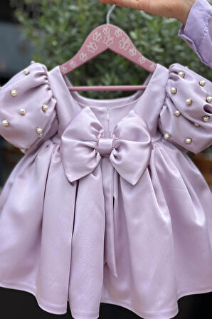 Balon İnci Kol Kız Çocuk Bebek Saten Lila Abiye Gelinlik Elbise