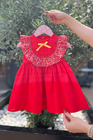 Çiçekli Fırfır ve Kurdele Detaylı Kırmızı Kız Çocuk Bebek Poplin Elbise