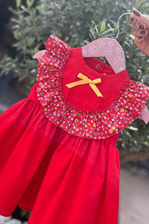 Çiçekli Fırfır ve Kurdele Detaylı Kırmızı Kız Çocuk Bebek Poplin Elbise