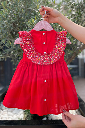 Çiçekli Fırfır ve Kurdele Detaylı Kırmızı Kız Çocuk Bebek Poplin Elbise