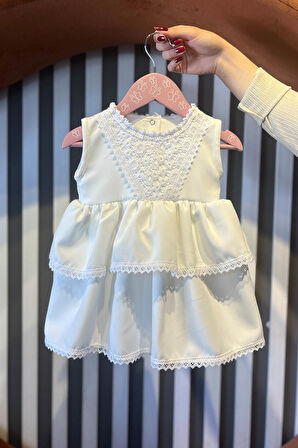 Dantelli Kat Kat Etek Kız Çocuk Bebek Krep Mevlüt Kırık Beyaz Elbise