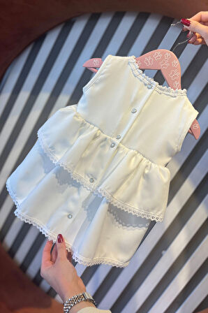 Dantelli Kat Kat Etek Kız Çocuk Bebek Krep Mevlüt Kırık Beyaz Elbise