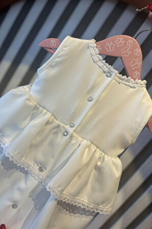 Dantelli Kat Kat Etek Kız Çocuk Bebek Krep Mevlüt Kırık Beyaz Elbise