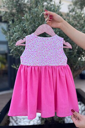 Dantel Detaylı Çiçek Desenli Kolsuz Şİle Bezi Pembe Elbise