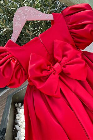 Saten Kırmızı Kız Çocuk Bebek Balon Kol Abiye Kabarık Elbise