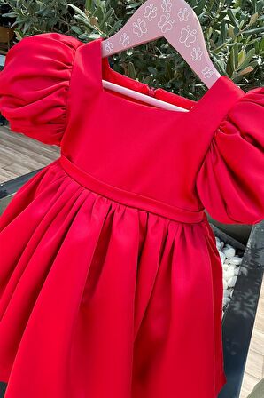 Saten Kırmızı Kız Çocuk Bebek Balon Kol Abiye Kabarık Elbise