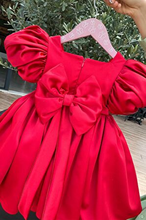 Saten Kırmızı Kız Çocuk Bebek Balon Kol Abiye Kabarık Elbise