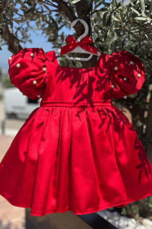 Saten Midi Kız Çocuk Bebek Kırmızı Balon Kol Abiye Elbise