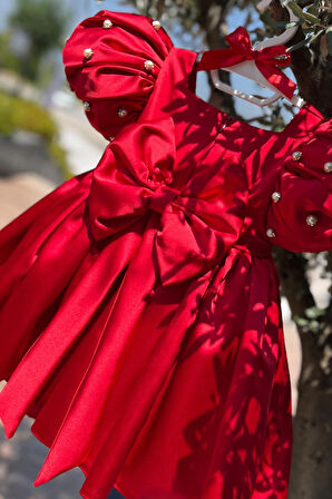 Saten Midi Kız Çocuk Bebek Kırmızı Balon Kol Abiye Elbise