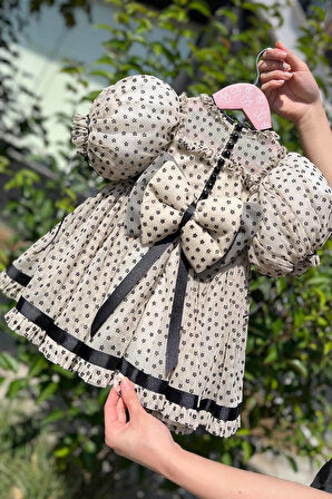 Çiçek Baskılı Şifon Tül Abiye Kız Çocuk Bebek Kısa Kol Camel Siyah Elbise