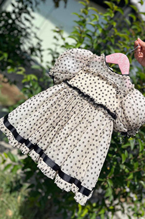 Çiçek Baskılı Şifon Tül Abiye Kız Çocuk Bebek Kısa Kol Camel Siyah Elbise