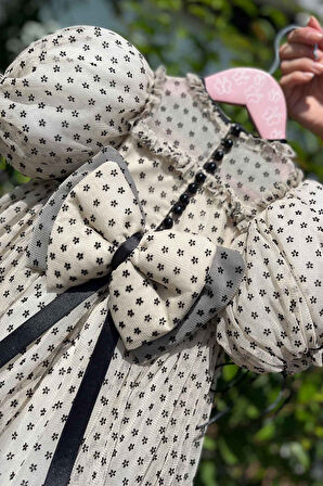 Çiçek Baskılı Şifon Tül Abiye Kız Çocuk Bebek Kısa Kol Camel Siyah Elbise