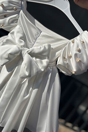 Saten Beyaz Kız Çocuk Bebek İnci Balon Kol Gelinlik Abiye Royal Elbise