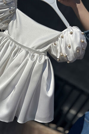 Saten Beyaz Kız Çocuk Bebek İnci Balon Kol Gelinlik Abiye Royal Elbise