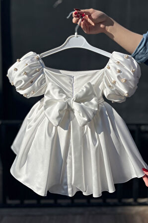 Saten Beyaz Kız Çocuk Bebek İnci Balon Kol Gelinlik Abiye Royal Elbise