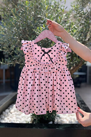 Puantiyeli Kolsuz Pamuklu Kız Çocuk Bebek Pudra Pembe Elbise