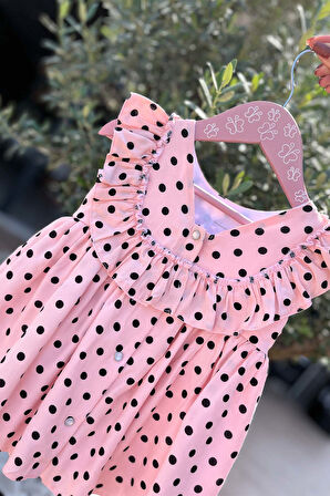Puantiyeli Kolsuz Pamuklu Kız Çocuk Bebek Pudra Pembe Elbise